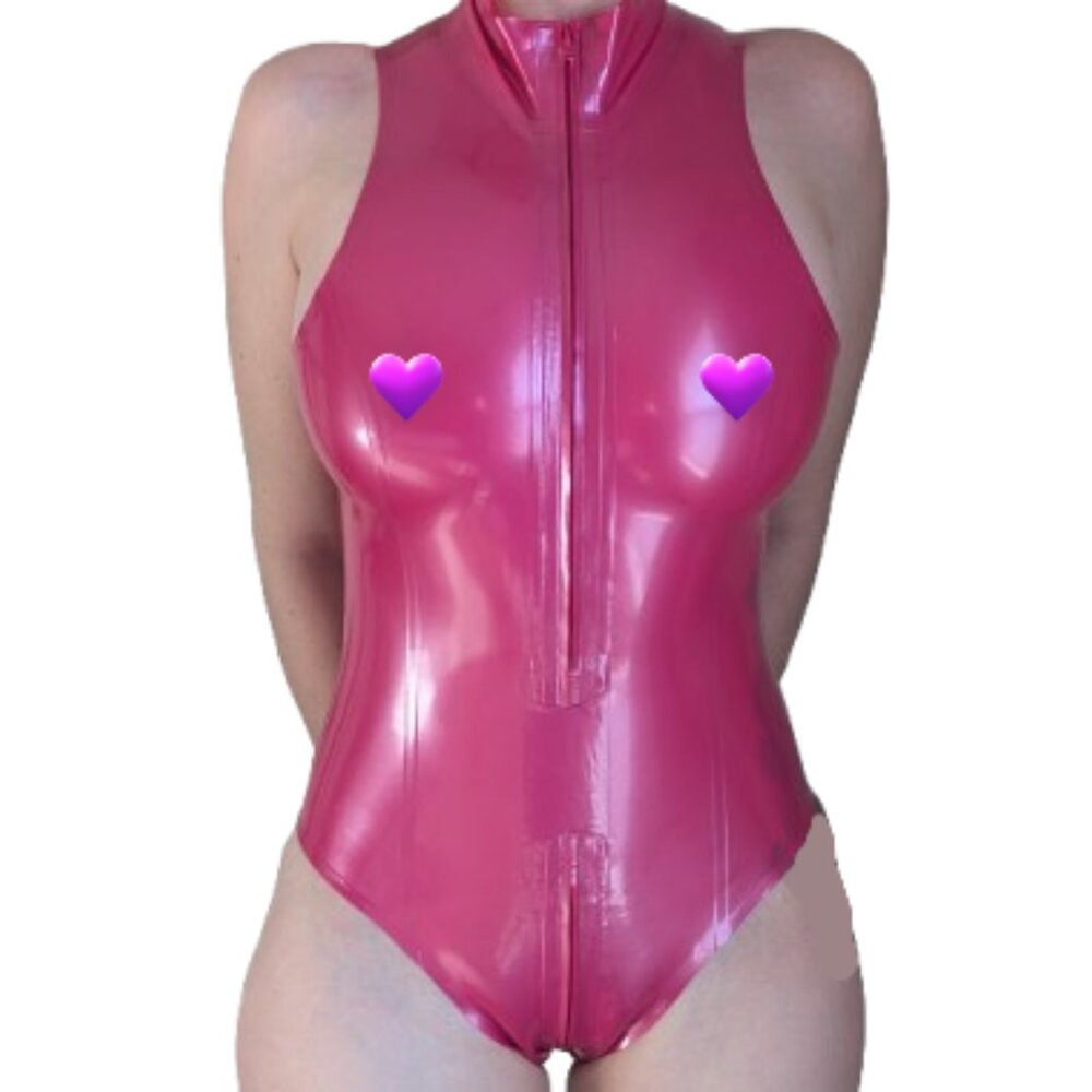 💖 Real Latex Metallic Crimson High Cut Zippered Bodysuit Medium/Large 💖